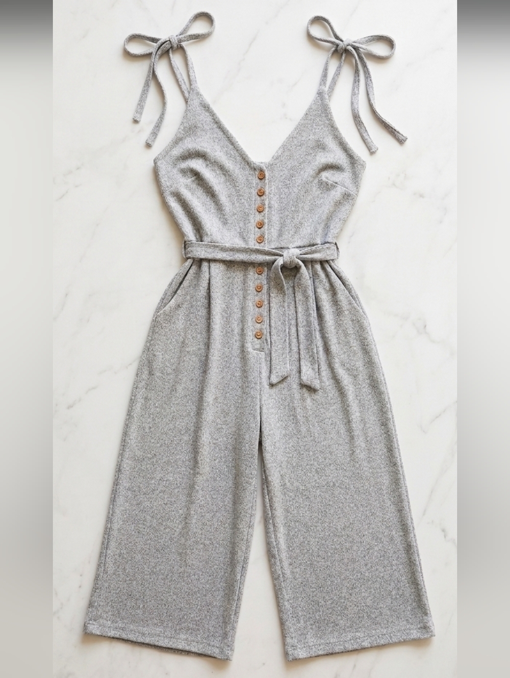 [Cistar]Heather Grey Linen Blend Tie Straps  Button-Front Wide Leg Jumpsuit